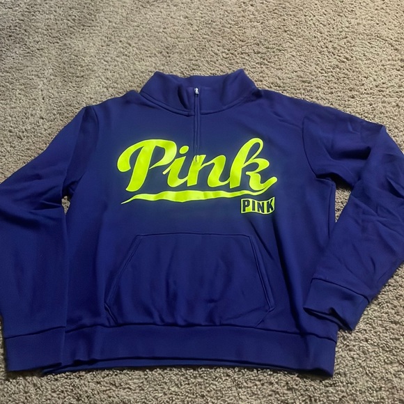 Pink Victoria Secret navy sweatshirt with Neon PINK across center front Sz XS - Picture 1 of 10